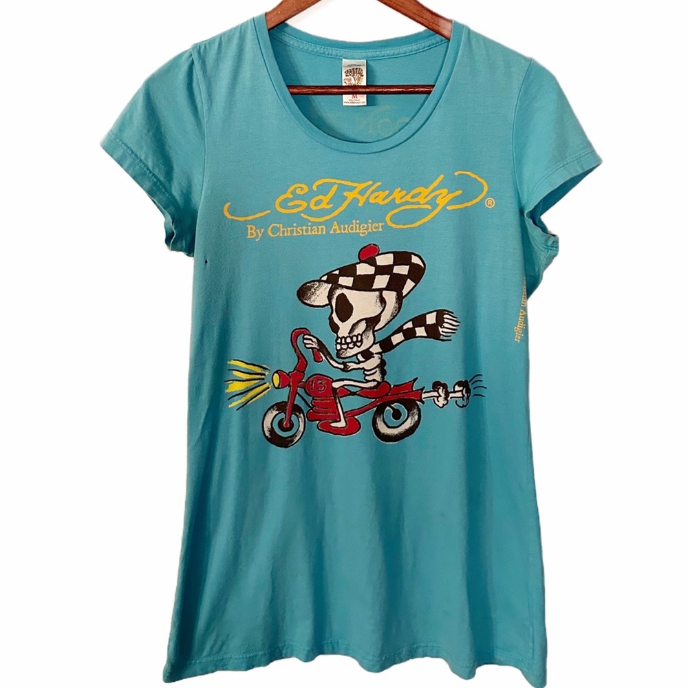 Vintage Ed Hardy Skeleton Riding Motorcycle Long Tee Size M